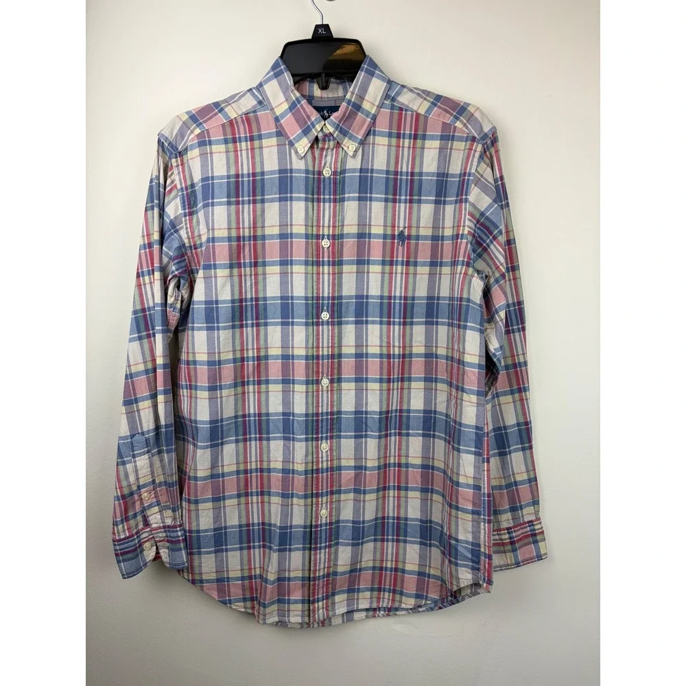 Ralph Lauren Shirt Boys L 14/16 Blue Pink Plaid Madras Long Sleeve Button Down